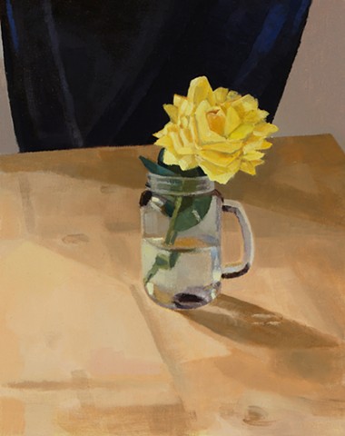 A still life painting of a yellow rose in a jar on a table
