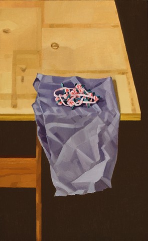 A still life painting of a ribbon on a piece of fabric on a table
