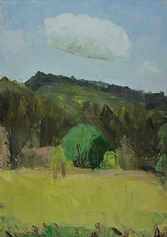 A landscape painting of a field with trees and a large puffy cloud overhead