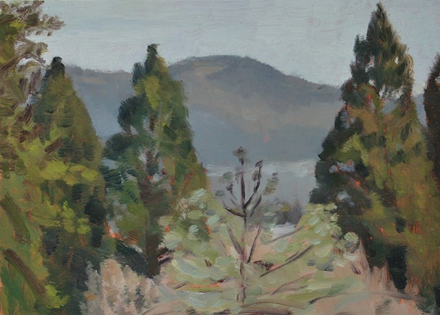 a landscape painting of hills and three pine trees with other foliage