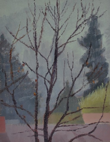 a landscape painting of a bare branched winter tree in front of evergreens with rooftops.