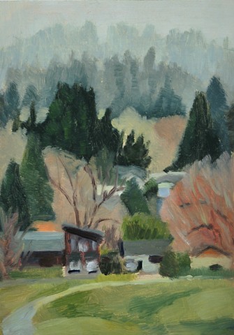 a landscape of a hillside in a neighborhood with trees and houses