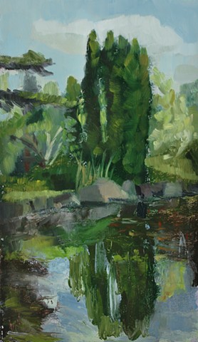 A landscape painting of a stand of trees reflected in a small pond