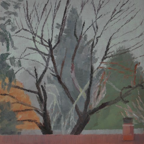 A landscape painting of bare branched tree with pine trees in the background and neighborhood rooftops