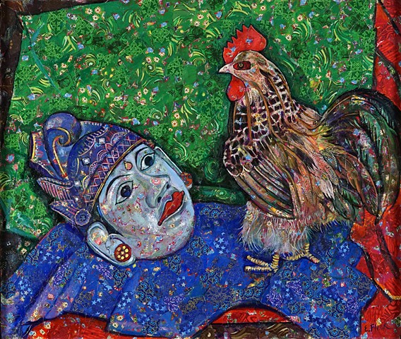 Elaine Fleck original artwork Balinese Mask Rooster fabric