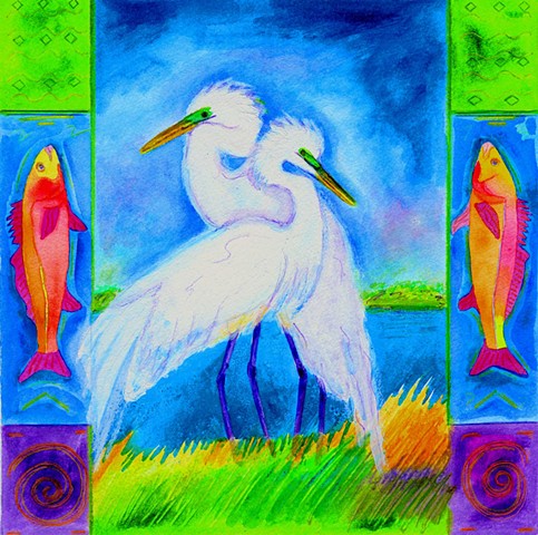 Greeting Card, two egrets, fish