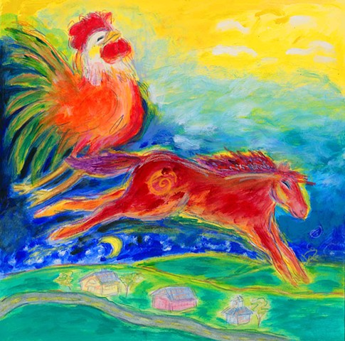 Greeting Card, Rooster and horse