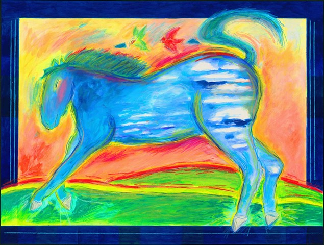 Greeting Card, Blue Horse with clouds
