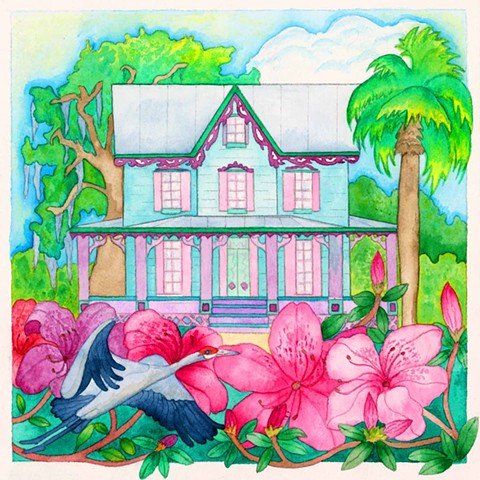 Greeting card, sandhill crane, house, Florida, Tropical