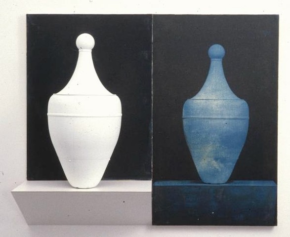 White amphora shaped assemblage with blue toned photograph on canvas