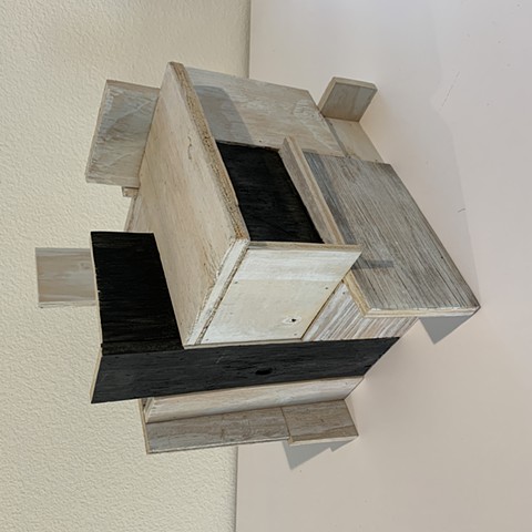 black and white wood sculpture, architecture, scrap wood