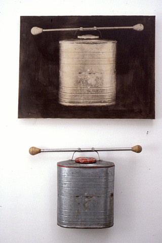 Baton and metal canister assemblage with photograph printed on canvas, diptych