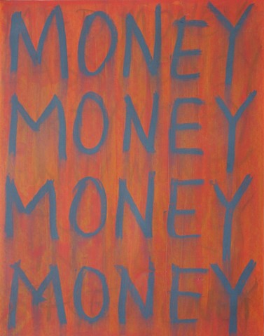 Painting on paper with the word Money on it, red.