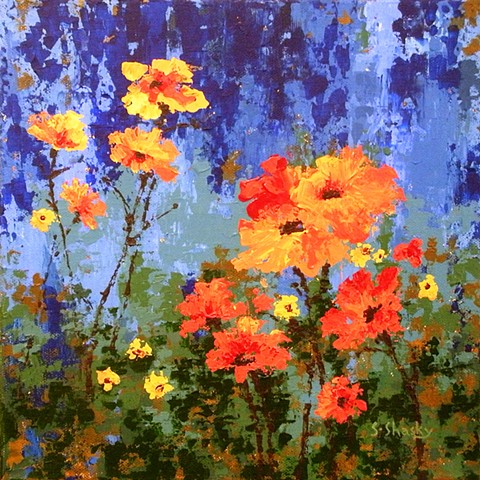 Orange Daisies on Cool Blue
-Sold-