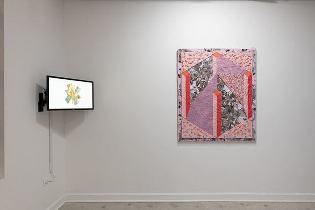 Installation view, Double Dutch animation (left) and A Cube is a Rectangle / Ein Würfel ist ein Rechteck (B002) (right)