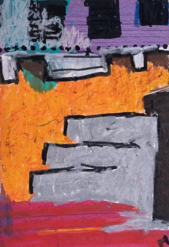 Red Caly Yard is a small rectangular abstract landscape painting of a front yard and house porch in acrylic, oil pastel, ink with colors red, orange purple, gray, black by Scott McKinley Fine Atrist 2018.
