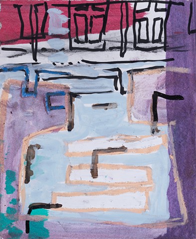 Soft Day is a small rectangular abstract landscape painting of a front walkway to a house in acrylic, oil pastel, glitter, ink with pale colors of blue, purple, red, white, black by Scott McKinley Fine Artist 2018..