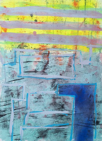 That Full Feeling Of Long Light is a small vertical rectangular abstract painting of steps up to a porch painted in acrylic and latex paint in colors pale-blue, dark blue, bright yellow-green, gray and black by Scott Mckinley Fine Artist 2018.