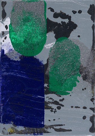 Floating Green Forms is a 5" x 7" vertical axis acrylic and glitter on canvas abstract painting in gray, green, deep blue-violet and black color painted by Scott McKinley Fine Artist in 2015. 
