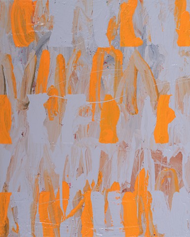 Pale Open; small geometric abstractio; repeated rows of rectangular shapes and marks; grays, oranges, pinks; paintedby Scott McKinley Fine Artist in 2016.