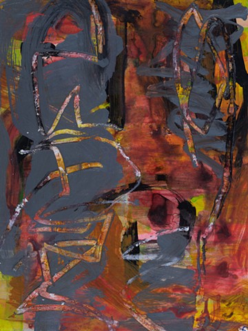 Scattered Figure Doubling is a small gestural abstract painting of parts of two figures arranged in a vertically-divided composition and painted in colors of gray and black over a ground of yellows, oranges and yellow-greens by Scott McKinley Fine Artist 