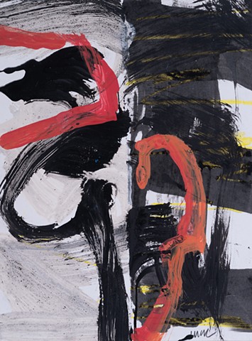Scattered Figure With Steps is an abstract gestural painting in red of parts of a figure laying on steps painted black and white and the whole composition is divied vertically, painted by Scott McKinley Fine Artist in 2011.