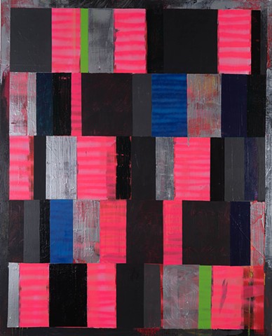 Dark Touch; large geometric abstraction;vertically stacked rows of rectangular shapes; texturd brushwork and spray paint; colors silver, black, gray, pink, red, green;flat and glossy surface; painted by Scott McKinley Fine Artist in 2017.