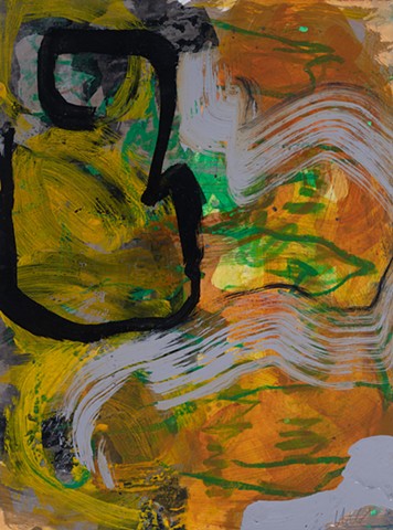 Softly Chanting He Was Seeing is a gestural abstract painting of two figural elements in strong black and strong gray lines above a field of variable yellow, yellow-orange and green marks painted by Scott Mckinley Fine Artist in 2012.
