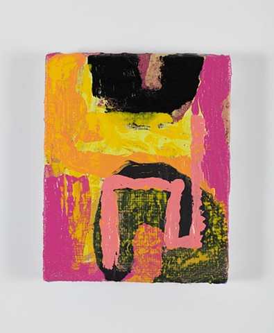 it Turns Your Heart Upside Down is an textured abstract painting of a landscape  with bright pink, bright yellow, orange and black lines and shapes painted by Scott McKinley Fine Artist in 2020.