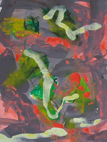 Scattering Figure is a small gestural abstraction of thin figural notations in pale yellow above a field of wider notations in grays, pinks and corals accented with yellow-green painted by Scott McKinley Fine Artist in 2012.