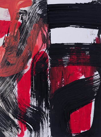 Stark Choice is a gestural abstraction of figural elements in a vertically divided composition painted in strongly contrasting colors of  black, white, pinks and red by Scott McKinley Fine Artist in 2011.