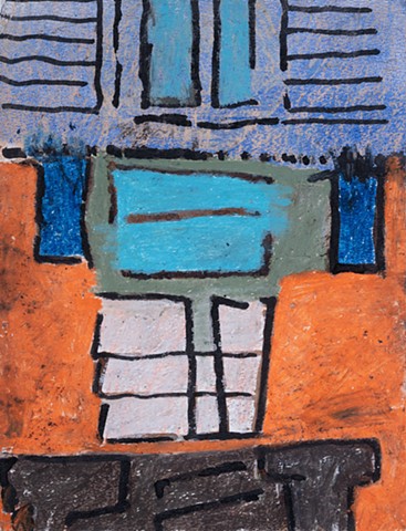 Approach To Blue House is an 11" x 8" abstract landscape painting of an approach to a blue house in acrylic, oil pastel, ink on watercolor paper with colors pale blue, pink, orange black  by Scott Mckinley Fine Artist in 2017.
