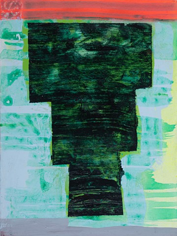 Levee Inverted Tower is a small loosely-painted geometric abstraction of a leve shape revealing an inverted tower painted in textured dark greens, light blue-green, light blue, gray and intense orange painted by Scott McKinley Fine Artist in 2019.