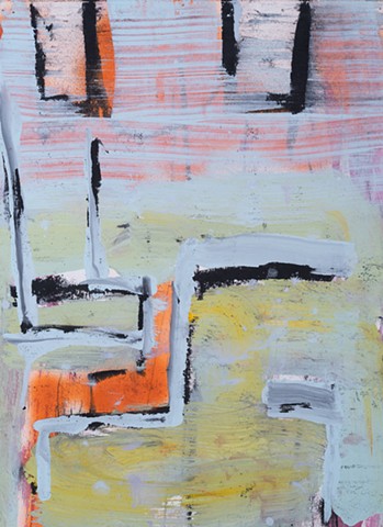 St. Francis Street Pale Sky is an abstract landscape painting of steps and building piers painted in acrylic paint in colors of orange, pale blue and pale yellow-green made by Scott Mckinley Fine Artist in 2019.