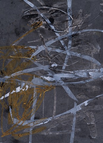 Apotropaic Figure is a gestural abstraction of a human figure in gray-white strokes above a ground of deep-gray and muted yellow-ochre gestures painted by Scott McKinley Fine Artist in 2010.gestures