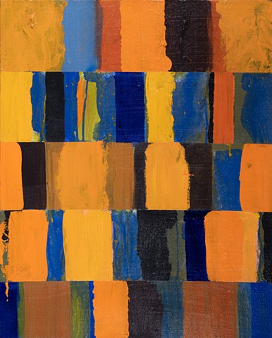 Slow Lift Open; small geometric abstraction; repeated rows of rectangular shapes; oranges, blues, browns, black;smooth surface' painted by Scott Mckinley Fine Artist in 2017.