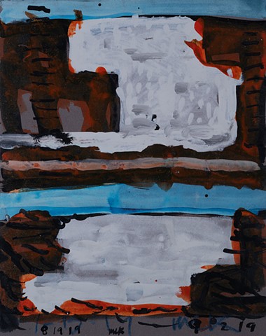 Inlet Doubling is an abstract painting of two inlet and channel forms shown notationally; both in colors black, deep-orange, browns, light blues painted by Scott McKinley Fine Artist in 2019.
