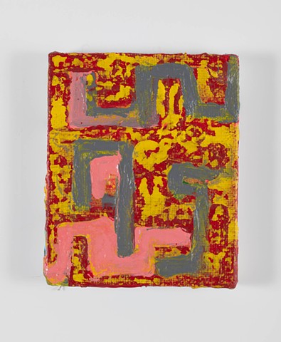 man Grappling Broken Snake is a textured abstract painting of a pink linear man  holding pieces of a gray linear snake on a bright red and yellow-spotted ground painted by Scott McKinley Fine Artist in 2020.