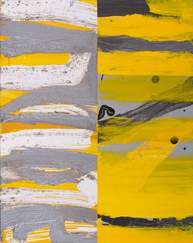 Rushing Light is a 16" x 20" vertical axis abstract acrylic  and enamel painting on canvas in yellow, black, silver, white colors by Scott McKinley Fine Artist in 2012.