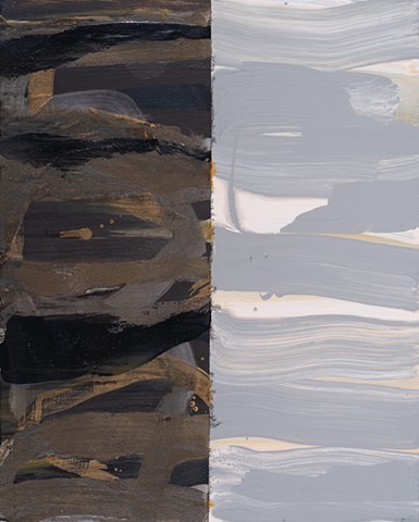 Deep Reach 16" x 20" vertical axis abstract acrylic painting in black, browns, silver, gray , white by Scott Mckinley Fine Artist.