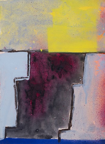 Levee And Sun is a small loosely painted geometric abstraction of a sunrise ove a levee in colors of dark reddish gray, yellow-gray, pale blue, bright yellow By Scott Mckinley Fine Artist in 2019.