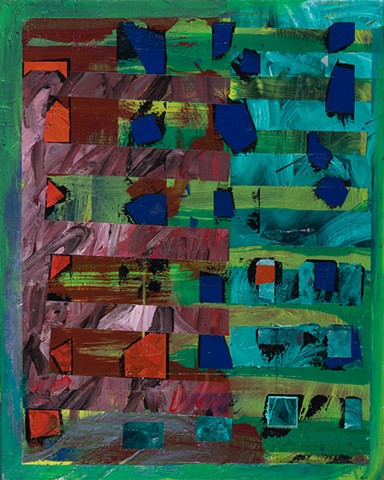 Touch Scatter is a vertical axis abstract acrylic on canvas painting in brown, orange yellow green, blue green, black painted by Scott McKinley Fine Artist in 2017..