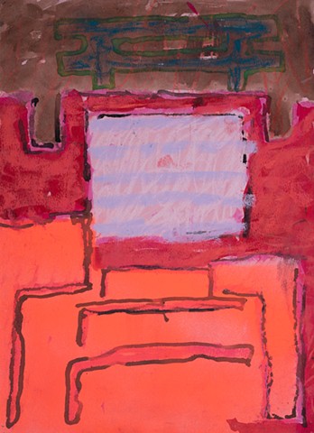 August, St. Francis Street is a  9.5" x 13" abstract landscape painting of a house entrance in oil pastel, ink, acrylic with colors bright orange, red,brown by Scott McKinley Fine Artist 2017.