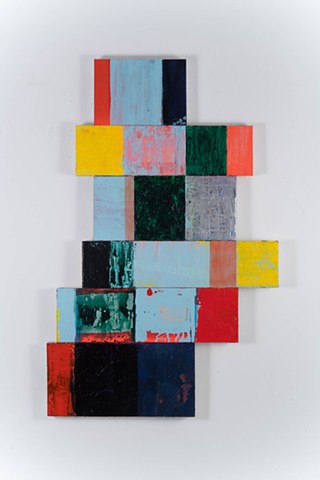 Shrill Conscience; large geometric abstraction; vertically stacked panels; repeating square and rectangular shapes; light blue, red, yellow green, black, silver; textured and smooth; painted by Scott McKinley Fine Artist in 2018.