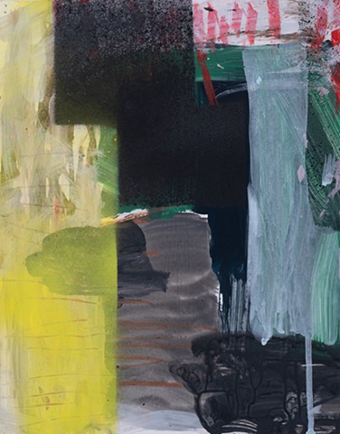 Channel Wall is an abstract painting of the walls and channel of a canal lock in layered color shapes of black, yellow, gray, green, and pale-blue with undermarking in red crayon painted by Scott McKinley in 2019.