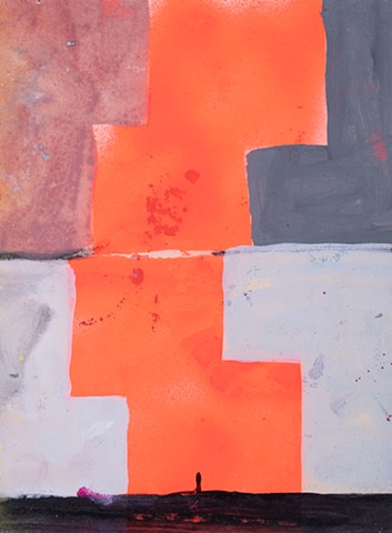 Doouble Fall is an abstract painting of two canal lock channels, painted in two stacked orange shape and surrounded by soft pink, gray, soft-red and black shapes by scott Mckinley Fine Artist in 2019.