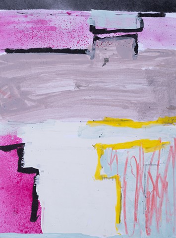Steps Close Distant Channel is a small vertical rectangular abstract painting of diagramatic steps to a building entrance in acrylic and latex paint with ink and crayon in colors pink, pale-blue, pale-gray, white yellow, black by Scott Mckinley Fine Artis