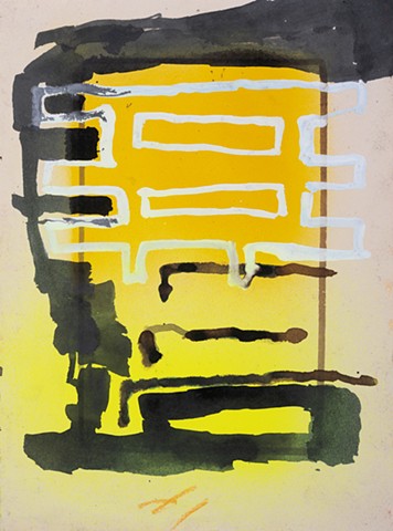 Bright Landings is a small linear abstract landscape painting of a house porch in acrylic, oil pastel, ink on paper by Scott Mckinley Fine Artist 2018.