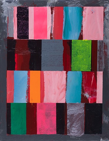 Barrier; small geometric abstraction, repeated rows, regular and irregular rectangular shapes; pinks, greens, blues, black; painted by Scott McKinley Fine Artist in 2017. 