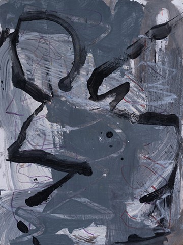 Scattered Figure At Diego Flats is an abstract, gestural painting of parts of a figure painted in black laying on a variable gray background with white and red crayon scribble marks painted by Scott McKinley Fine Artist in 2012.